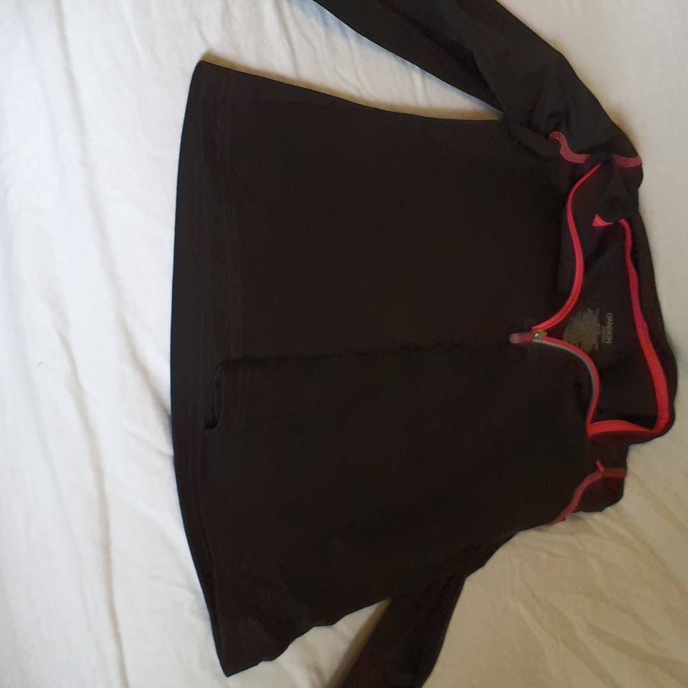 Pink and black athletic pullover jacket with thumbholes